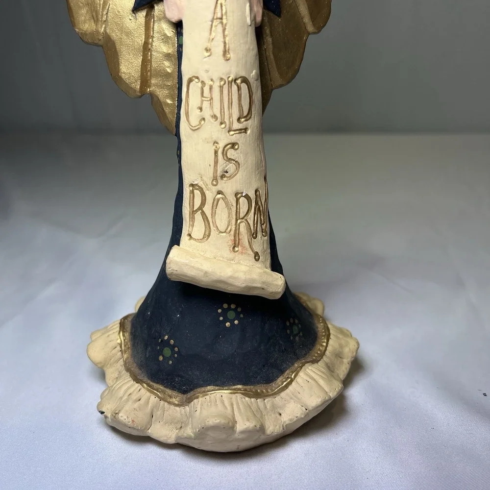 Folk Art Angel Figurine Navy Blue Gold Scroll Unto Us A Child Is Born‎ Primitive